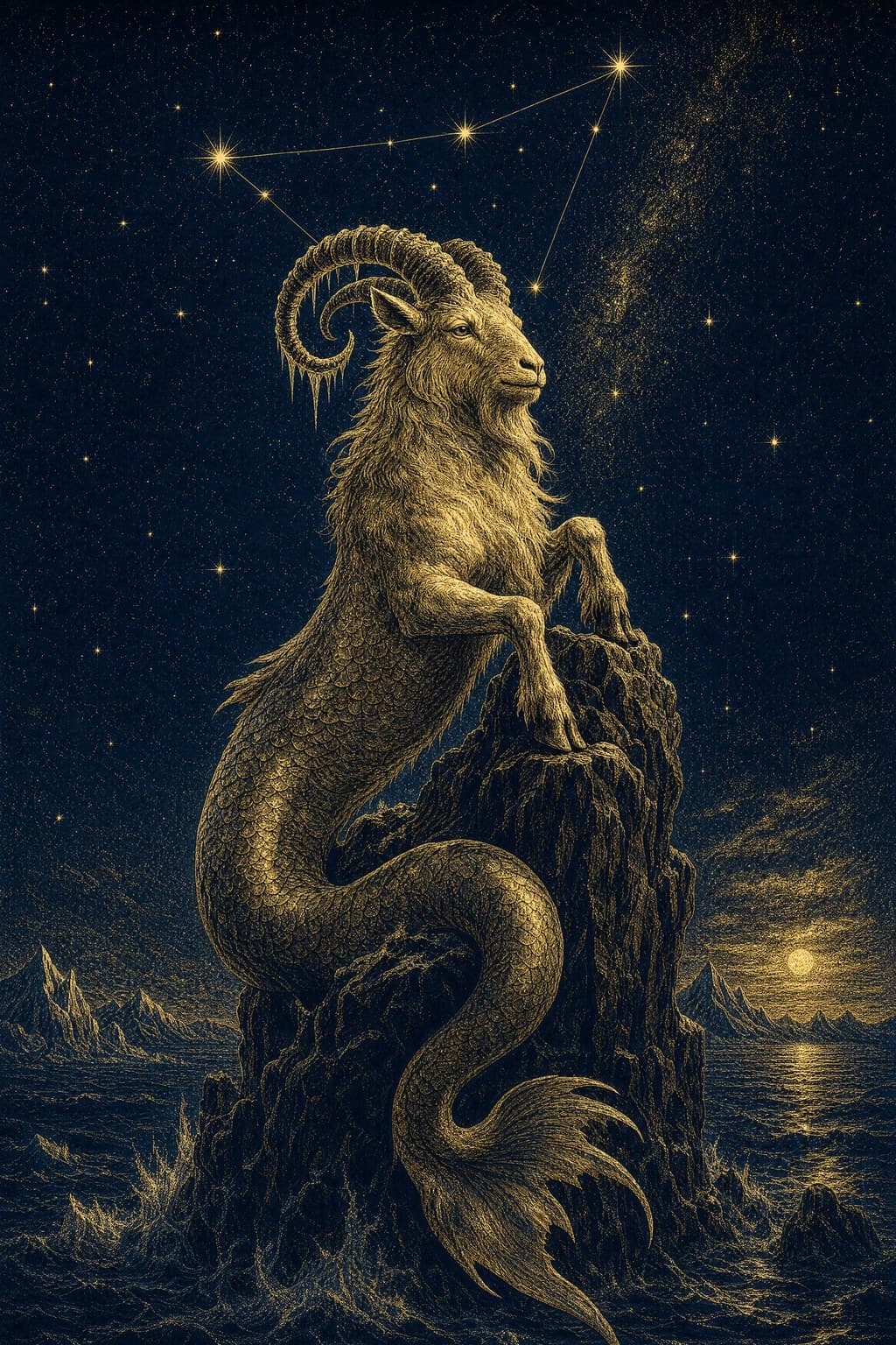 Capricorn — Gold-Ink Night — Portrait