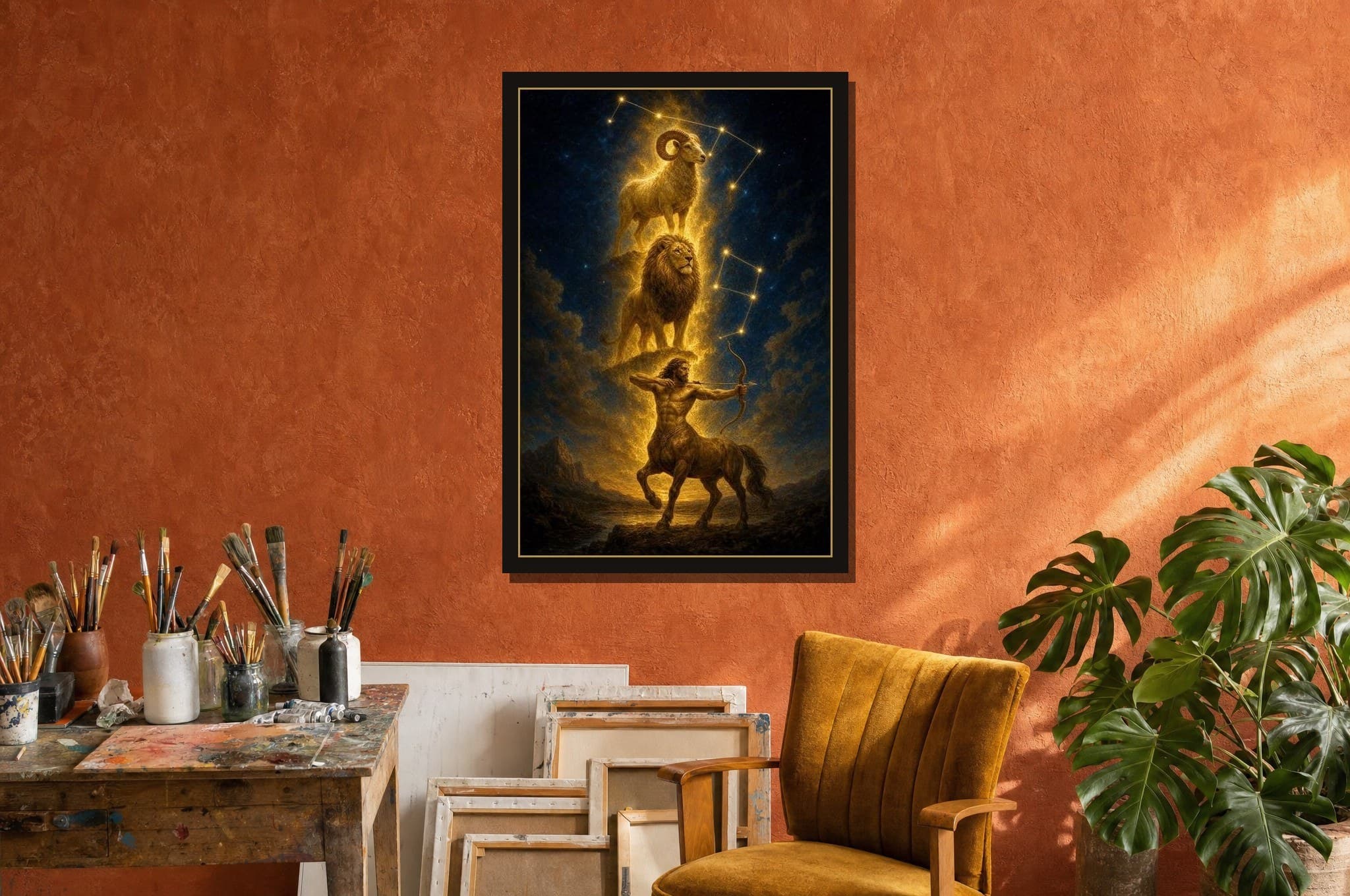The Fire Trine hanging framed in a room