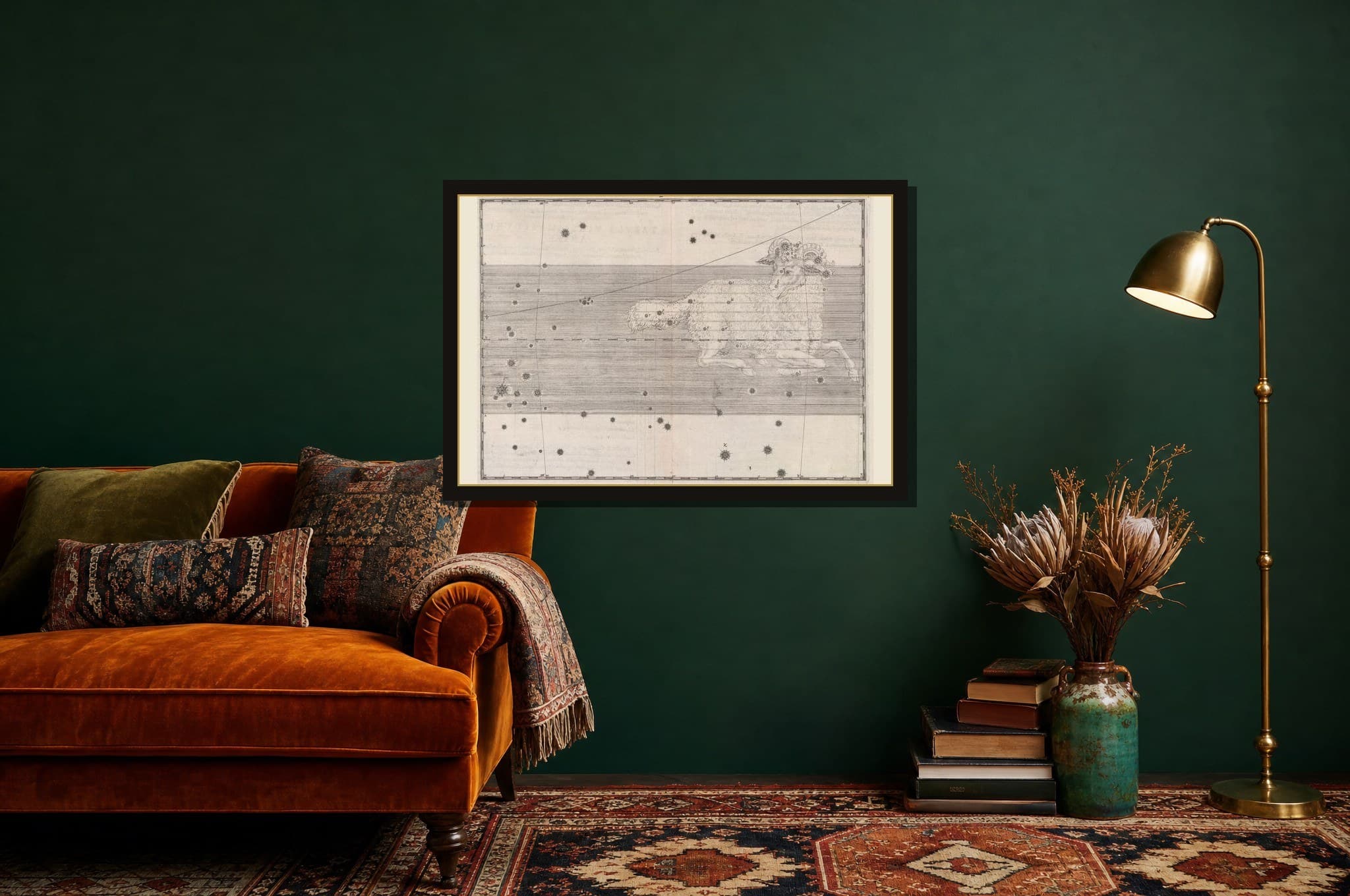 Aries, the Ram shown as a framed fine-art print in a styled room
