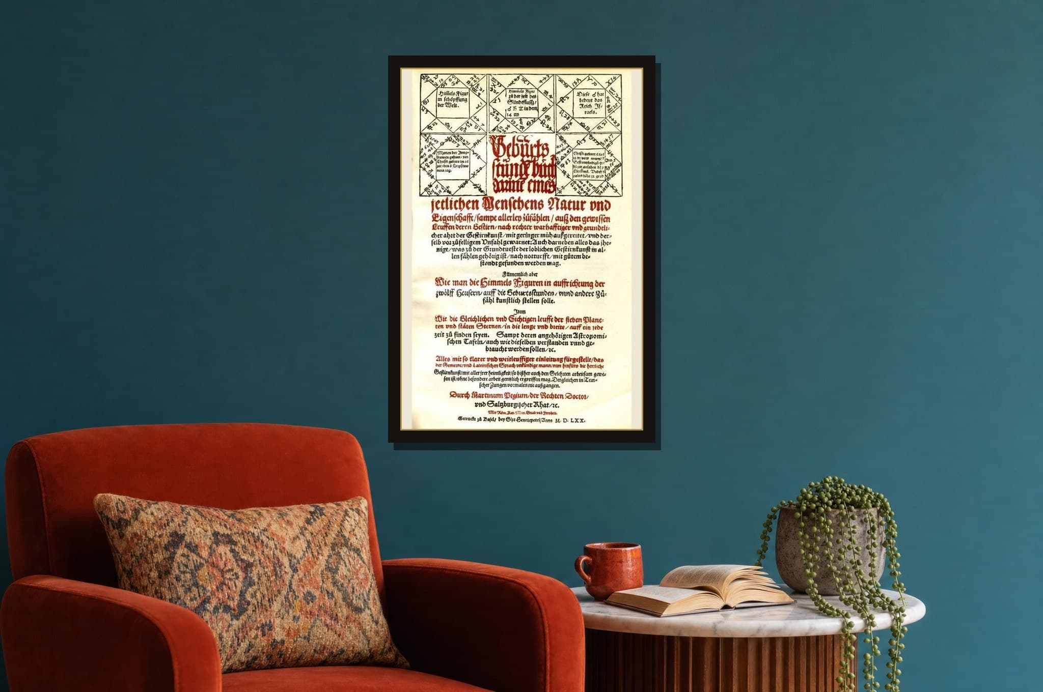 A Sheet of Nativities shown as a framed fine-art print in a styled room
