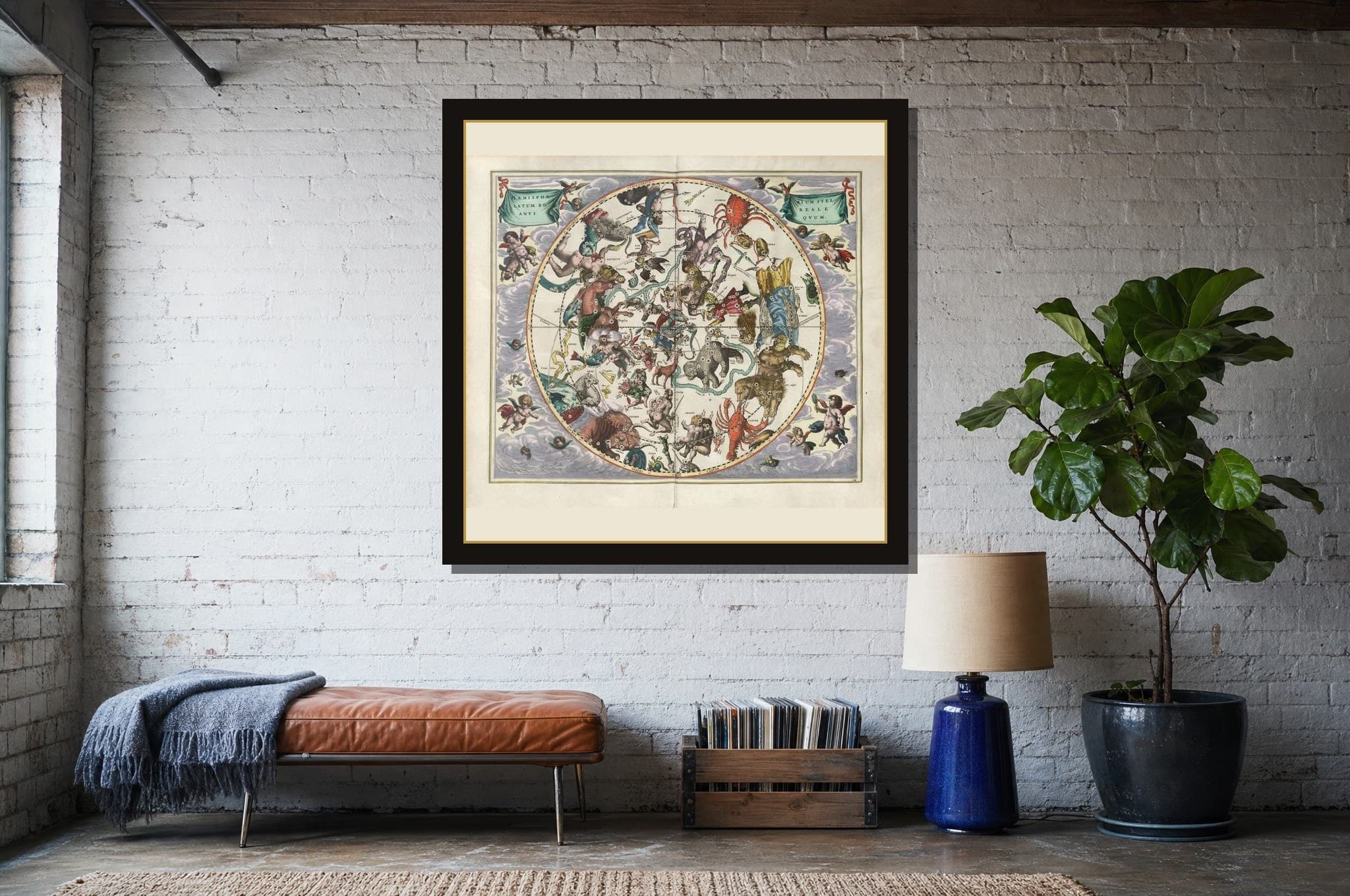 The Northern Hemisphere shown as a framed fine-art print in a styled room