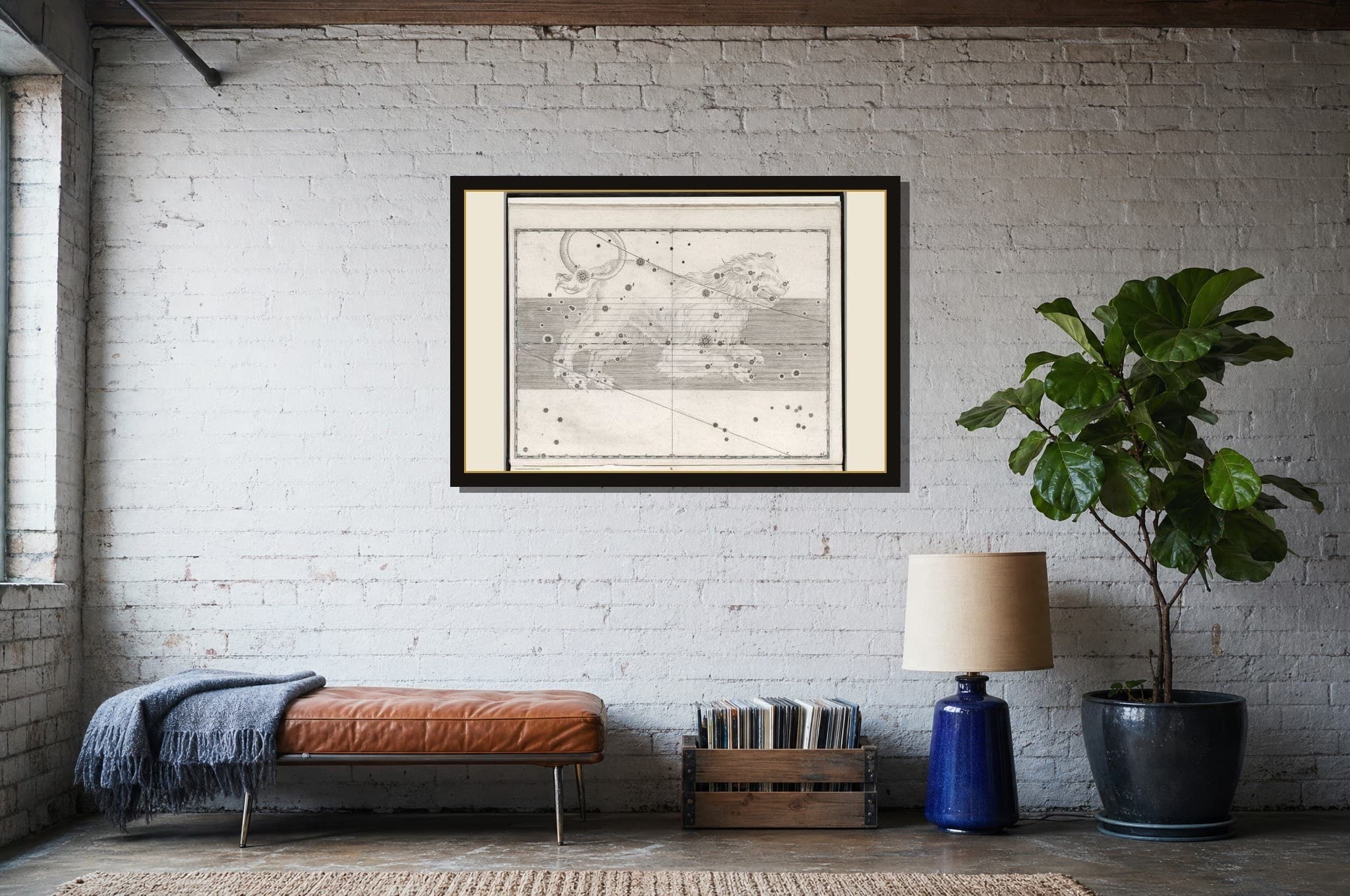 Leo, the Lion shown as a framed fine-art print in a styled room