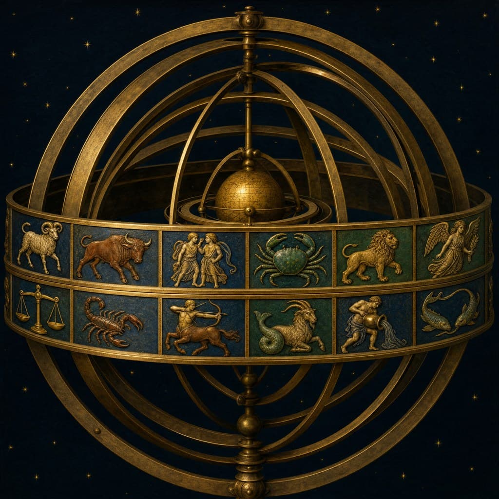The Armillary — Brass volvelle and zodiac band
