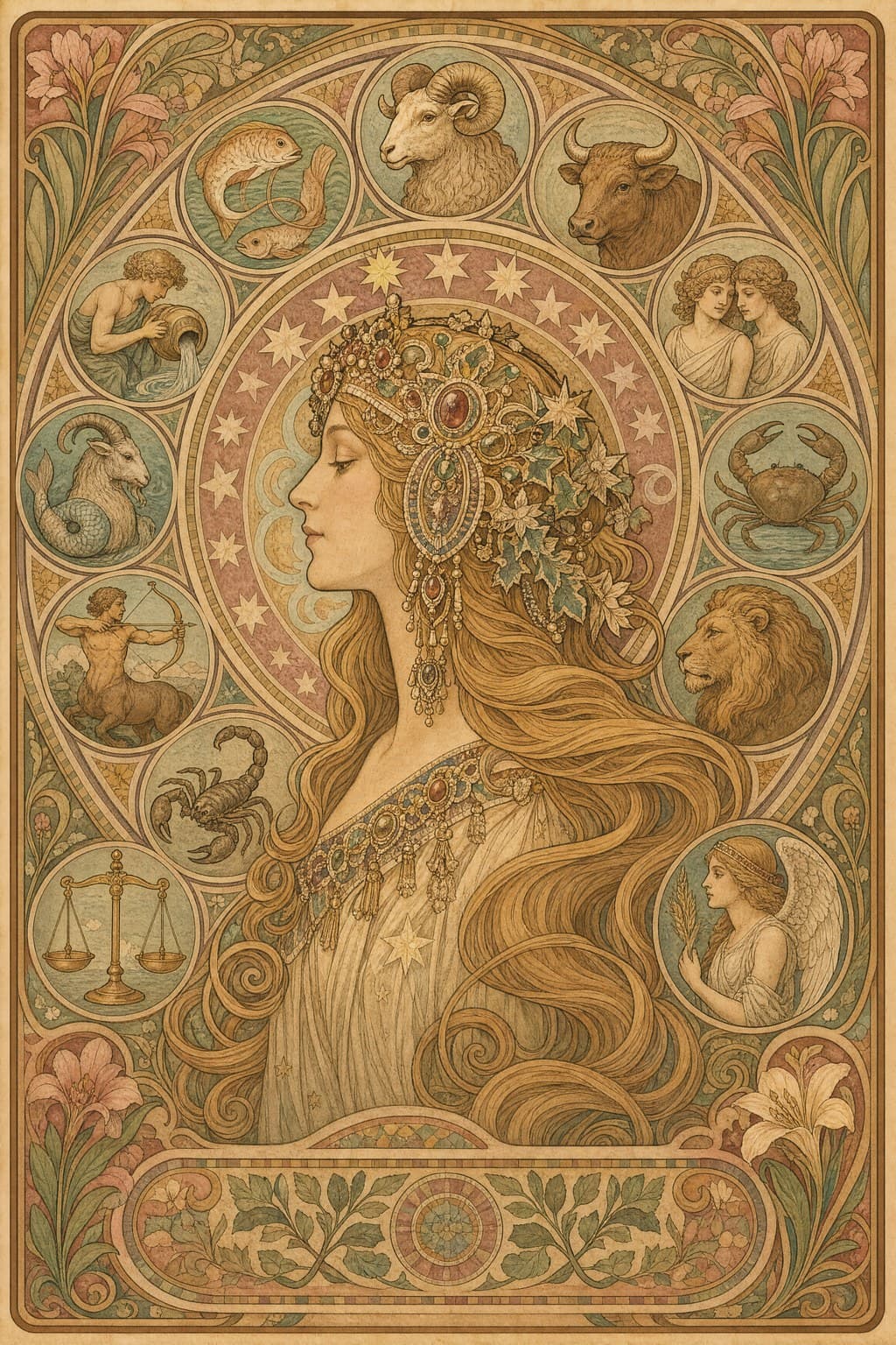 The Zodiac Crown — Art Nouveau decorative panel