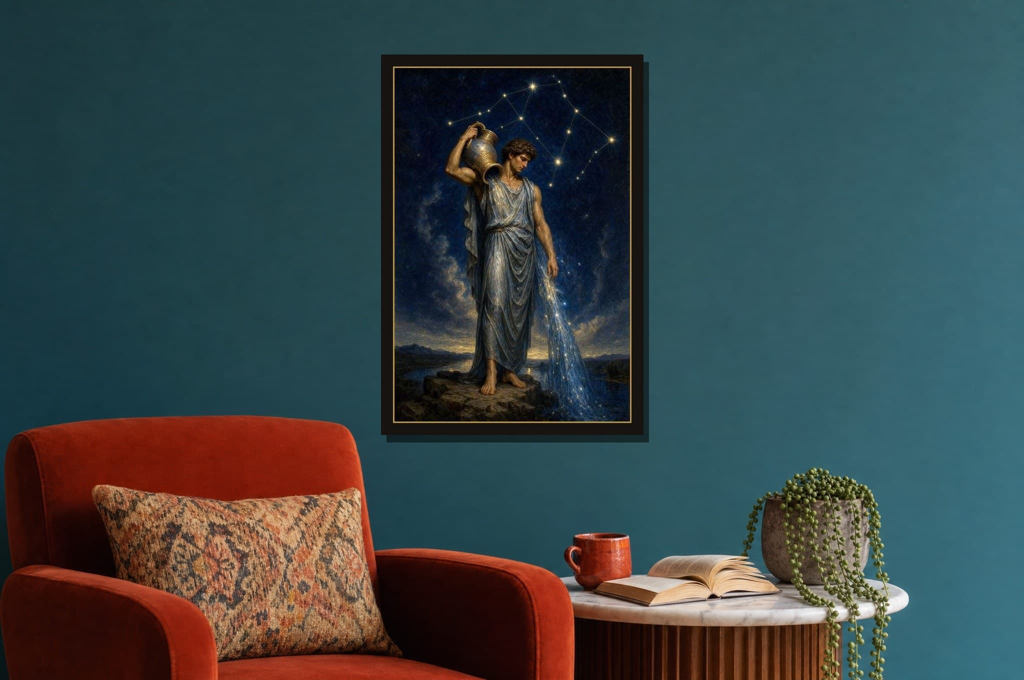 Aquarius shown as a framed fine-art print in a styled room