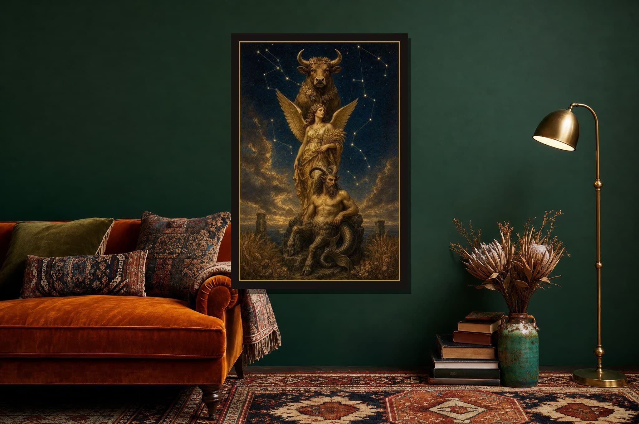The Earth Trine shown as a framed fine-art print in a styled room