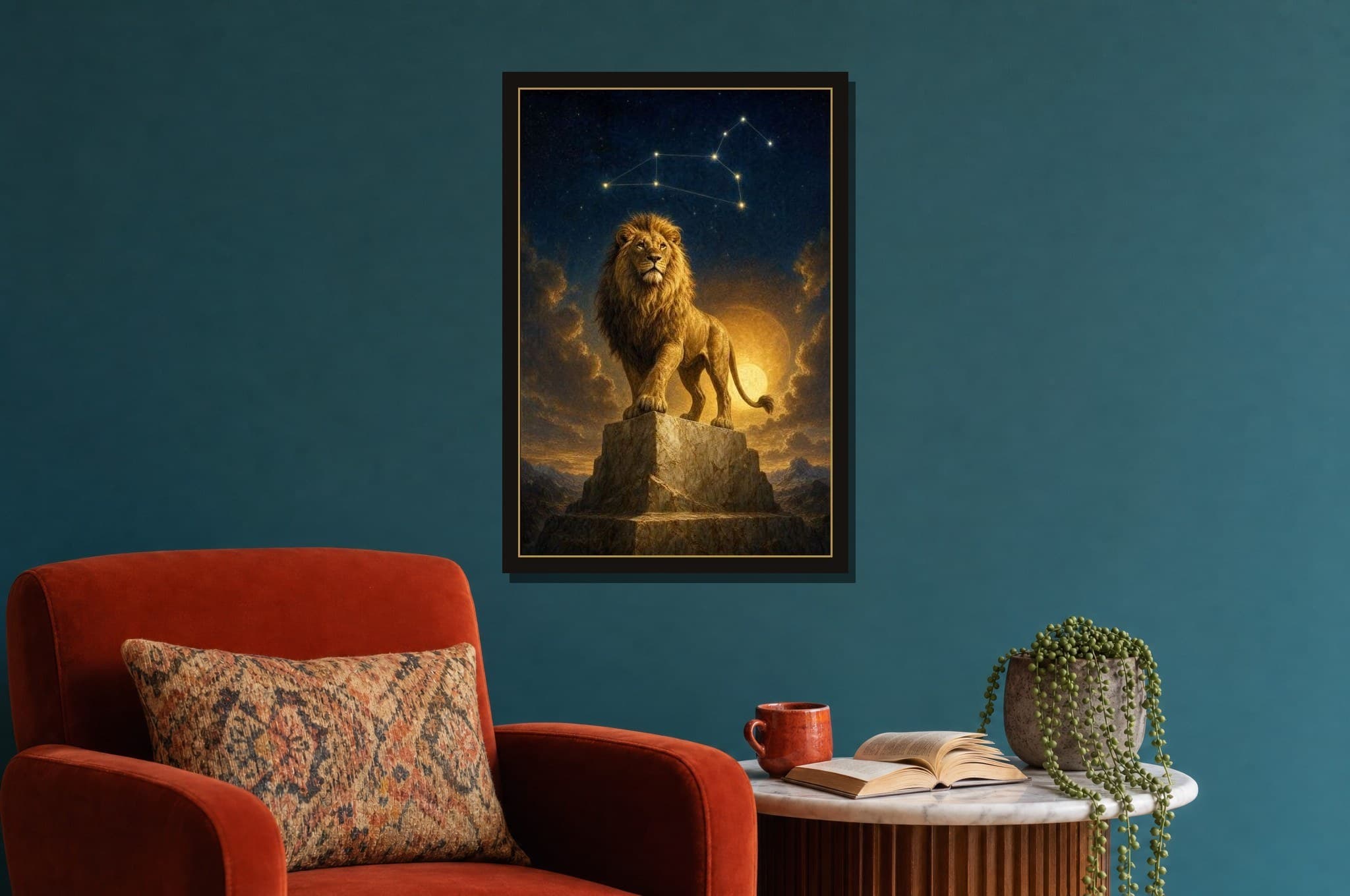 Leo shown as a framed fine-art print in a styled room