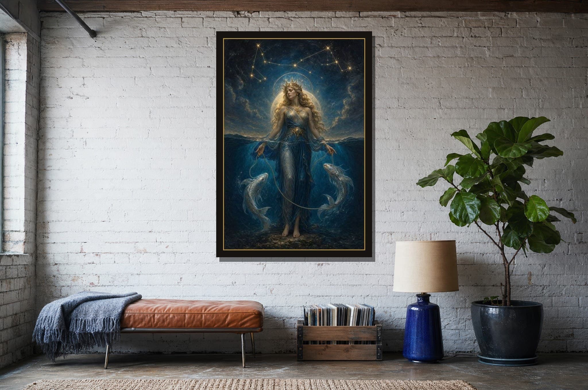 Pisces shown as a framed fine-art print in a styled room