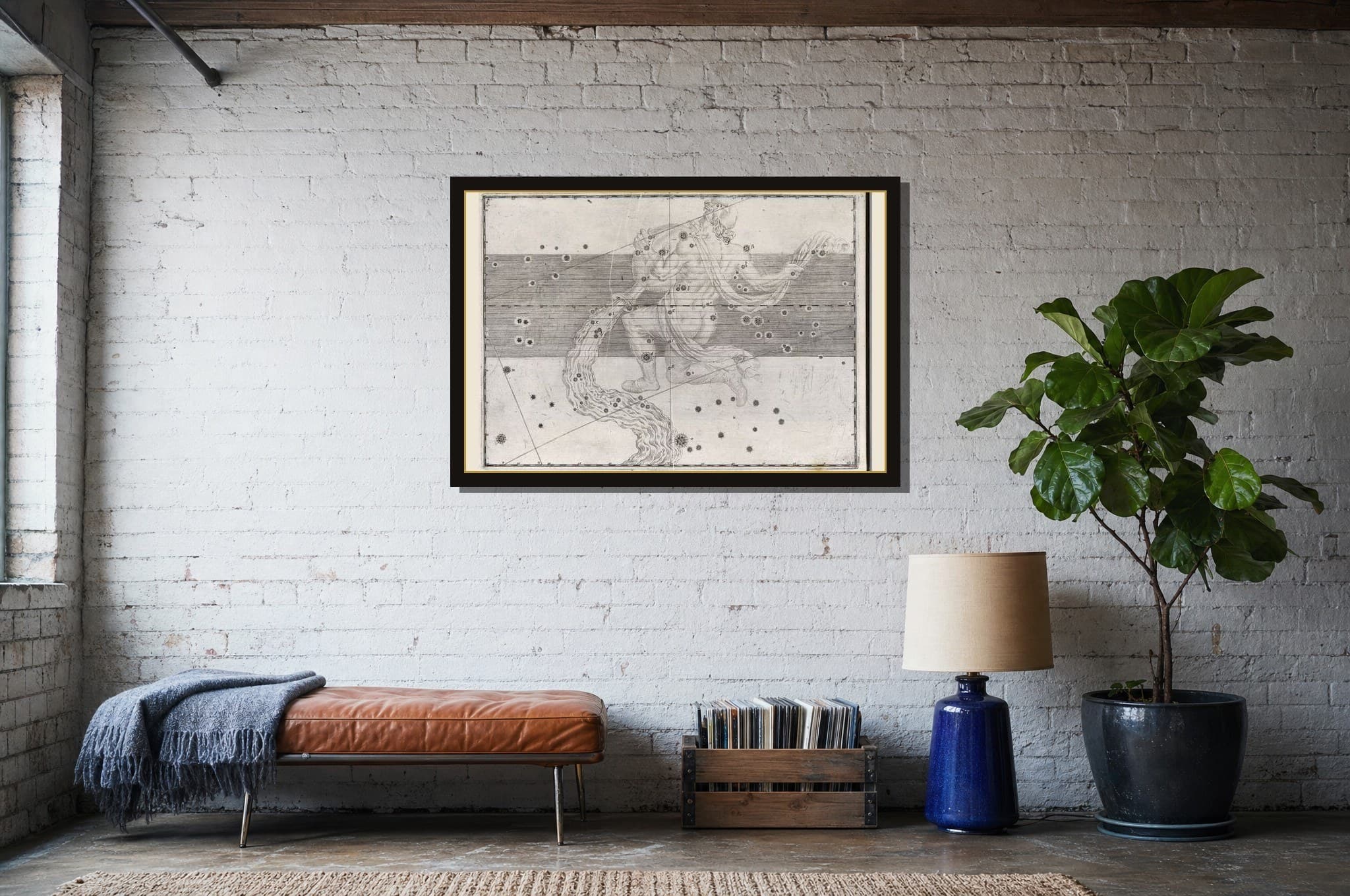 Aquarius, the Water-Bearer shown as a framed fine-art print in a styled room