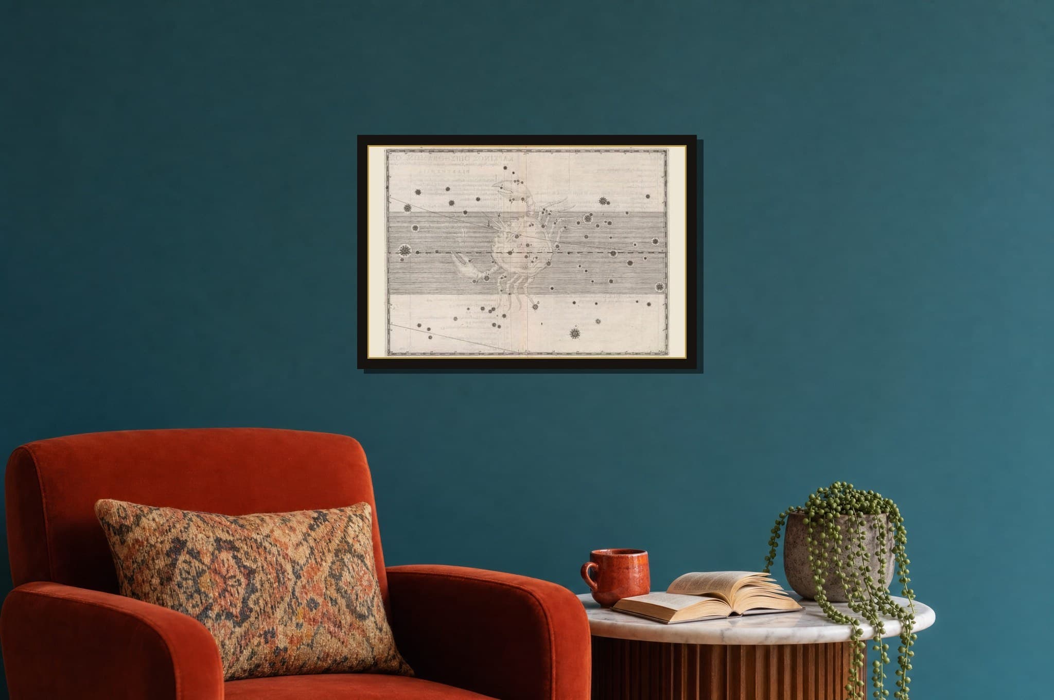 Cancer, the Crab shown as a framed fine-art print in a styled room