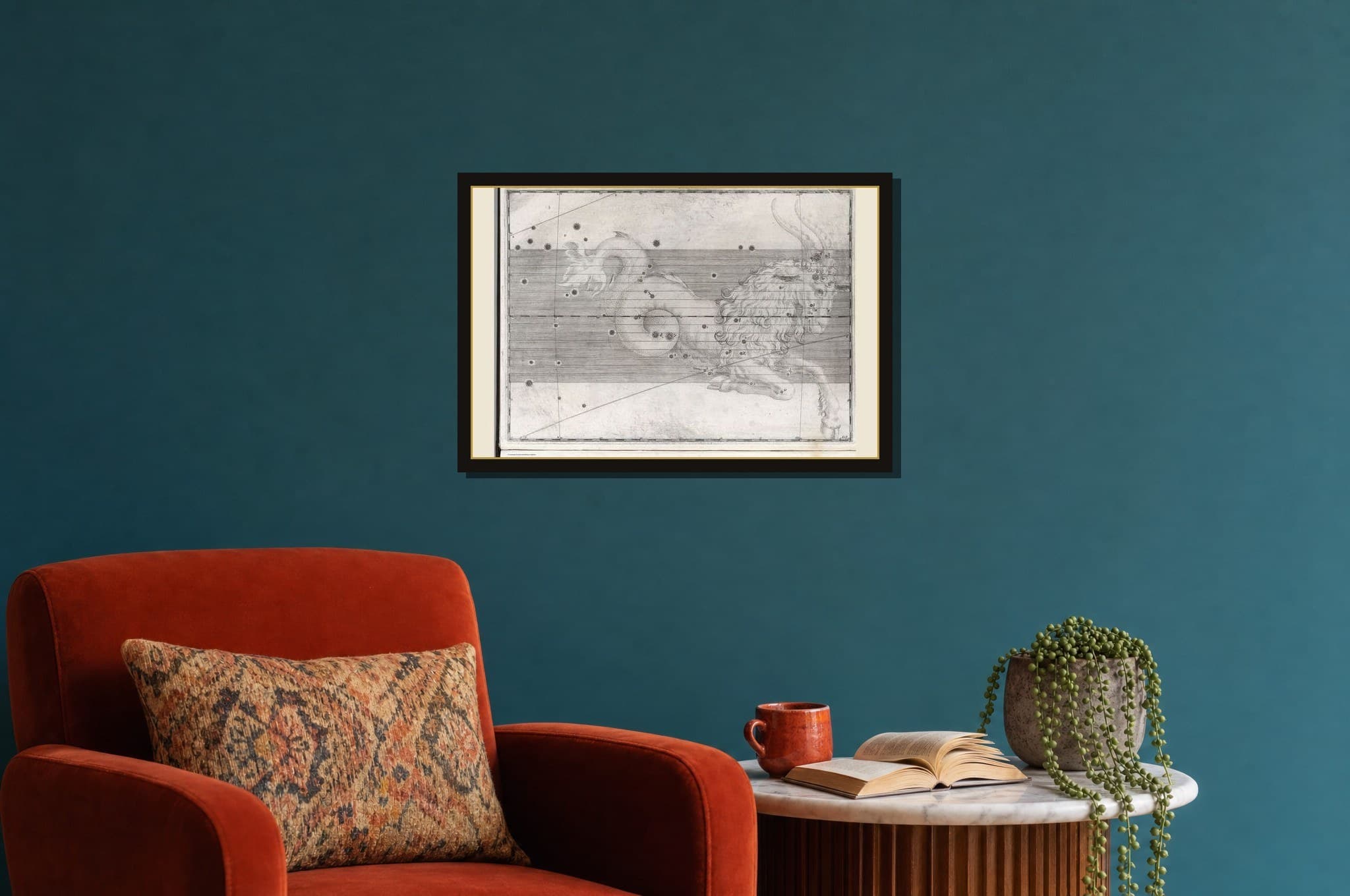 Capricorn, the Sea-Goat shown as a framed fine-art print in a styled room