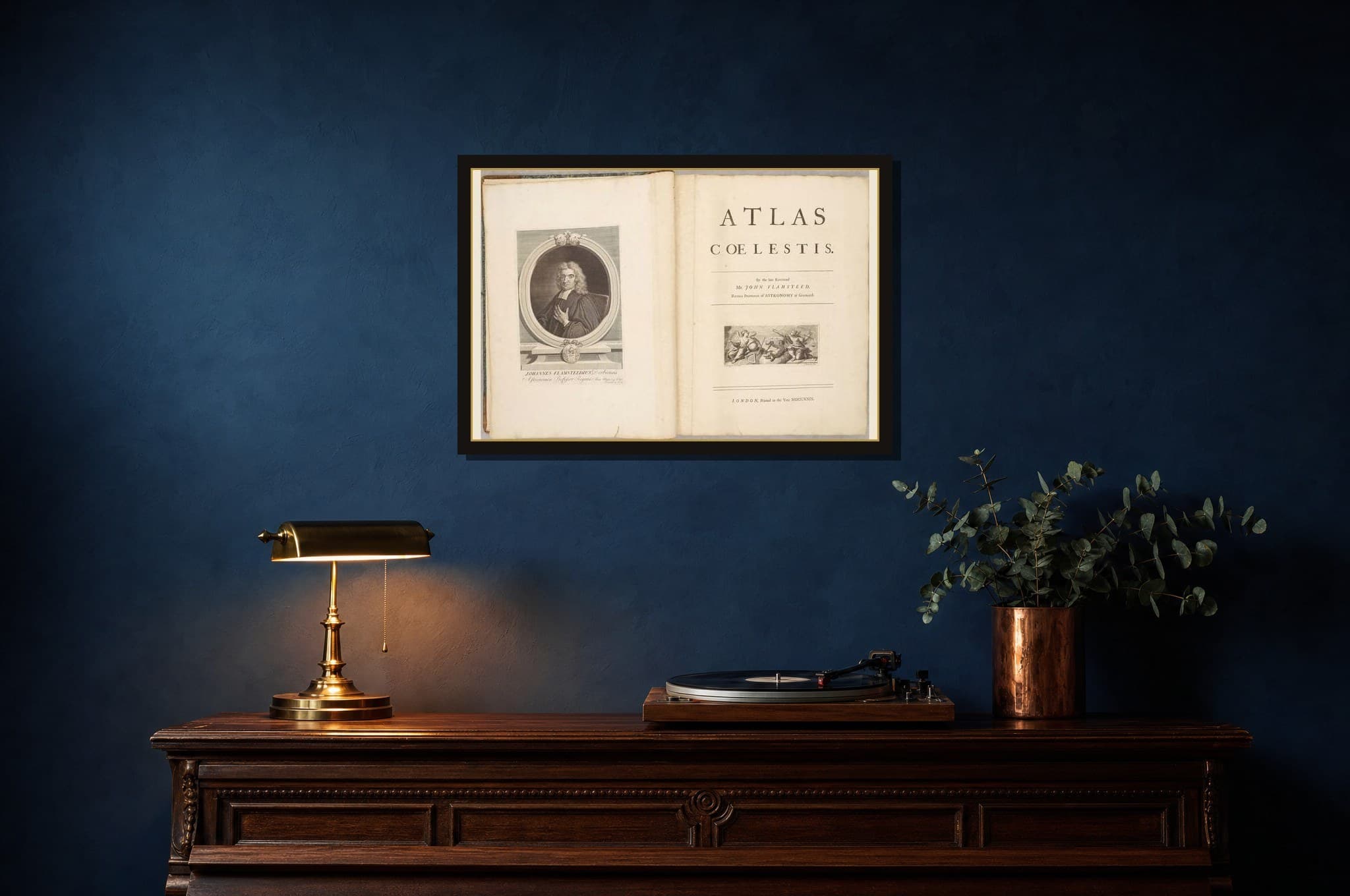 Atlas Coelestis shown as a framed fine-art print in a styled room