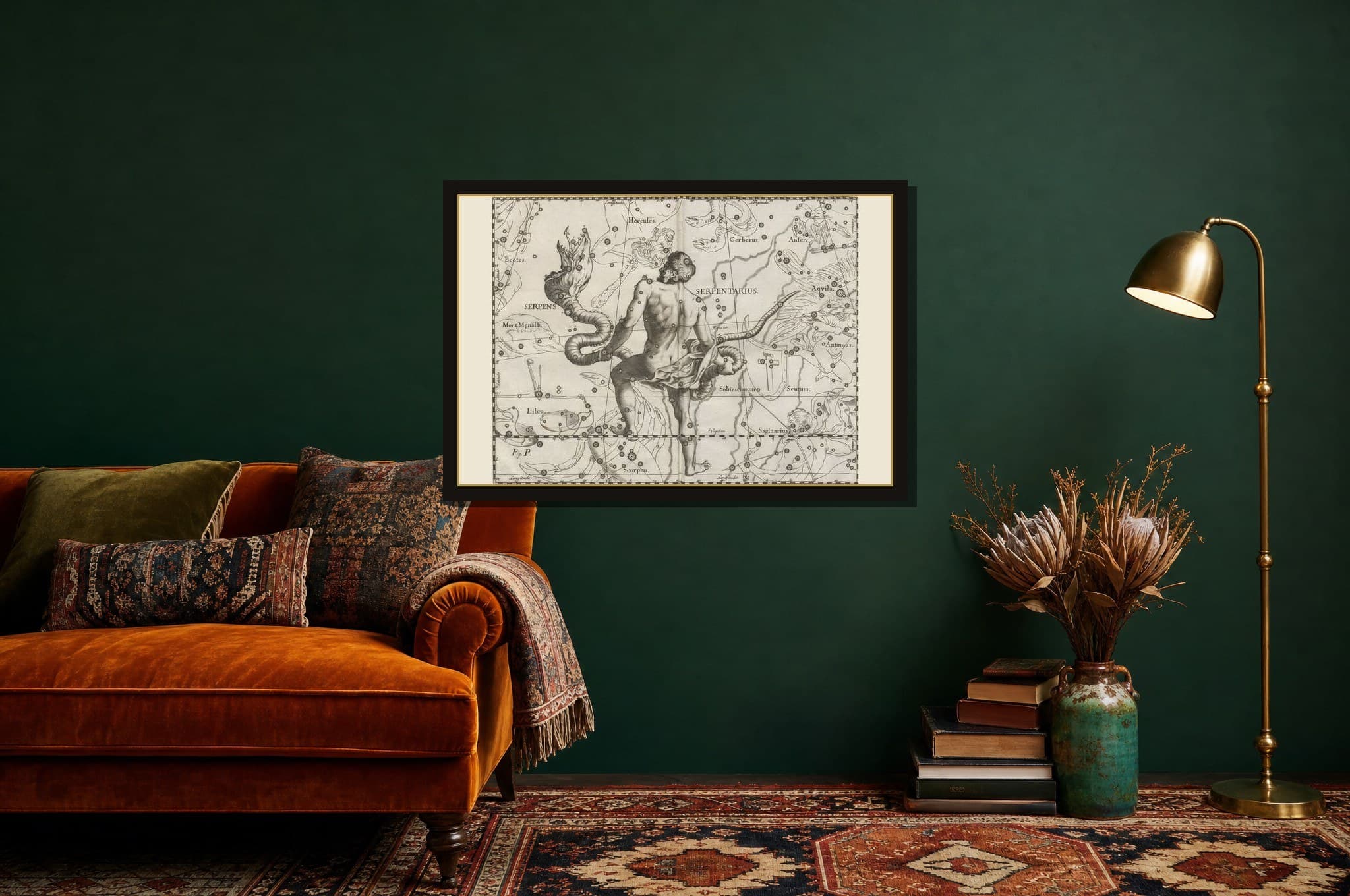 Uranographia shown as a framed fine-art print in a styled room