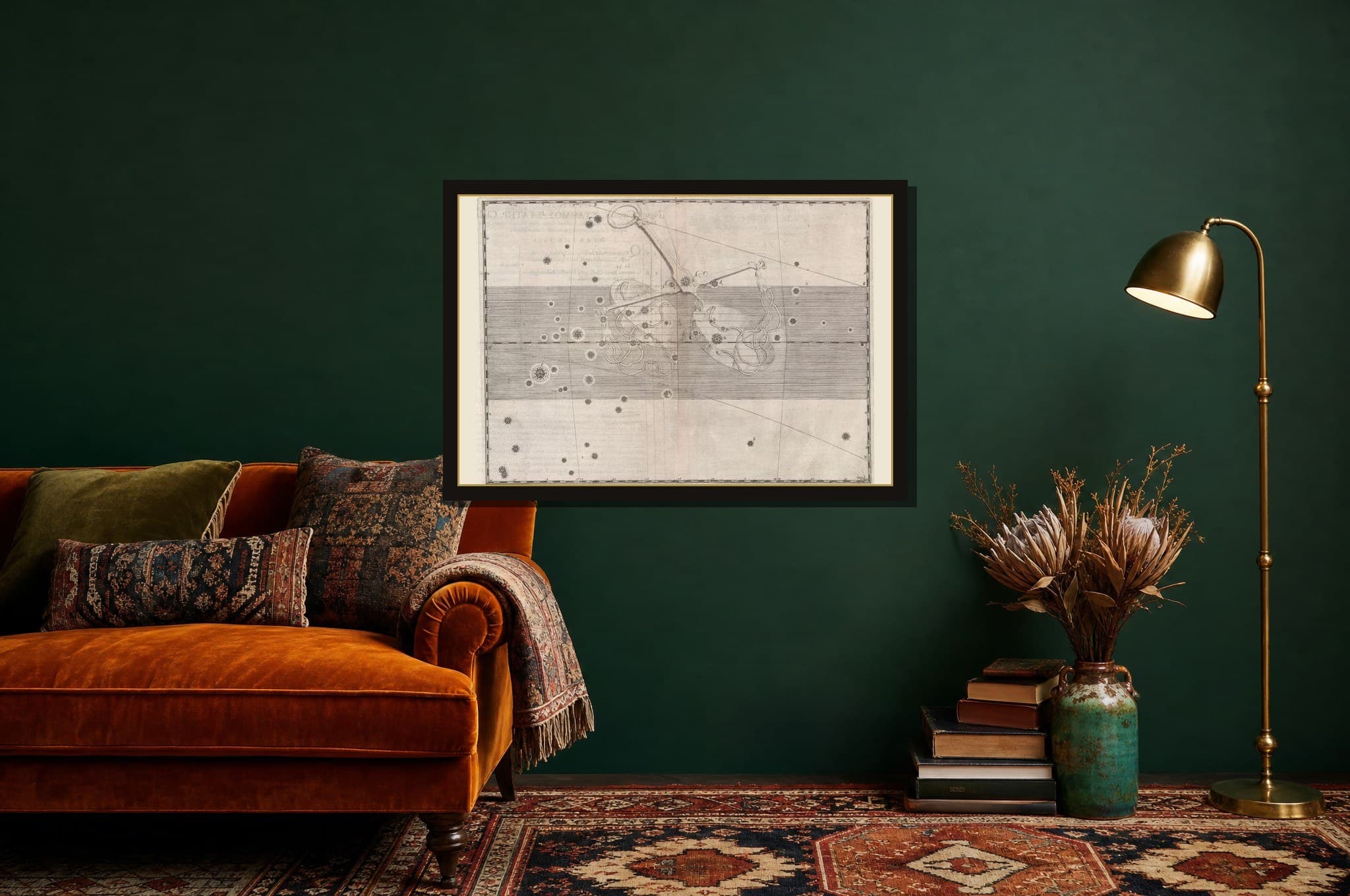 Libra, the Scales shown as a framed fine-art print in a styled room