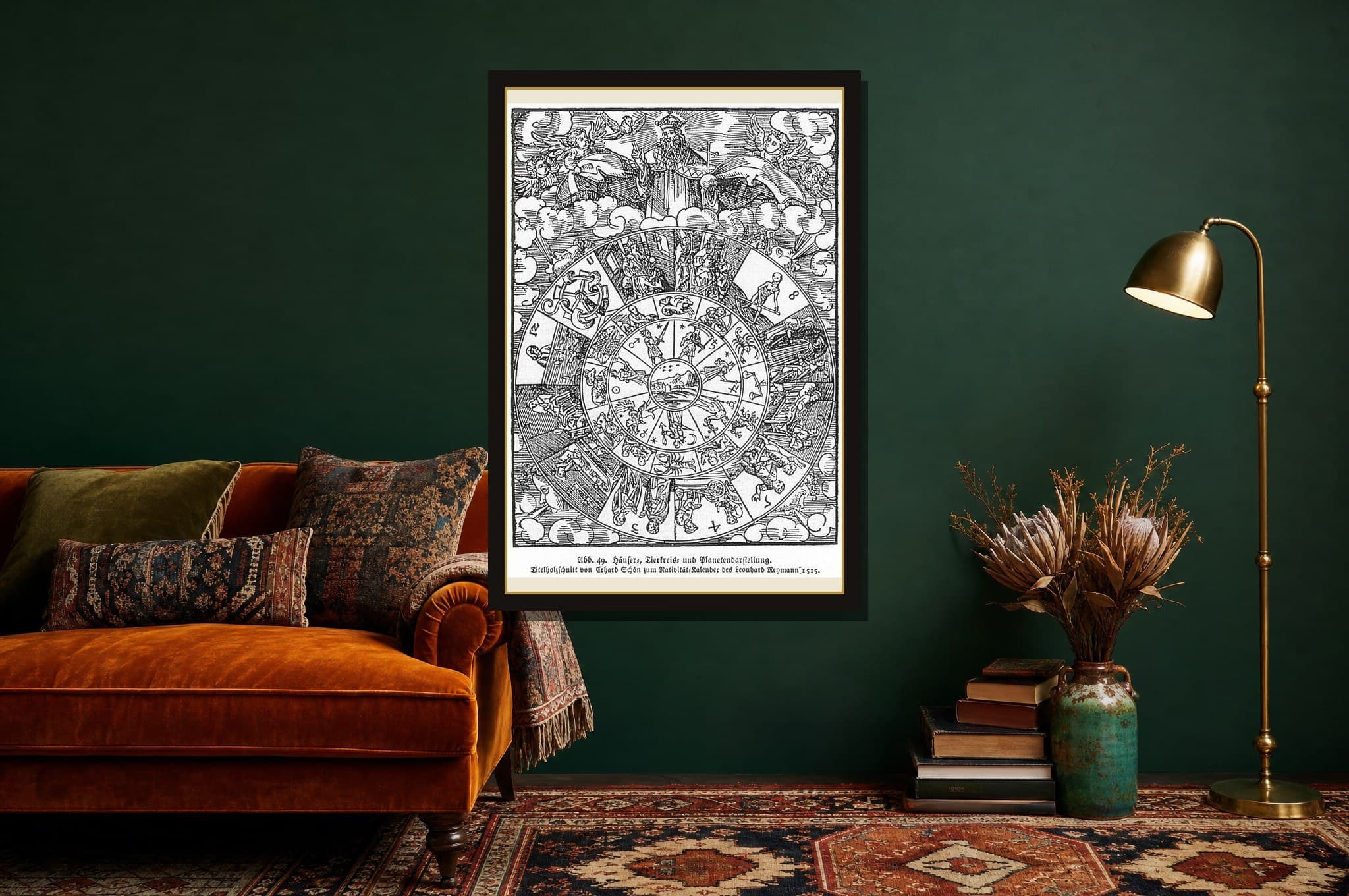 The Figure of a Nativity shown as a framed fine-art print in a styled room