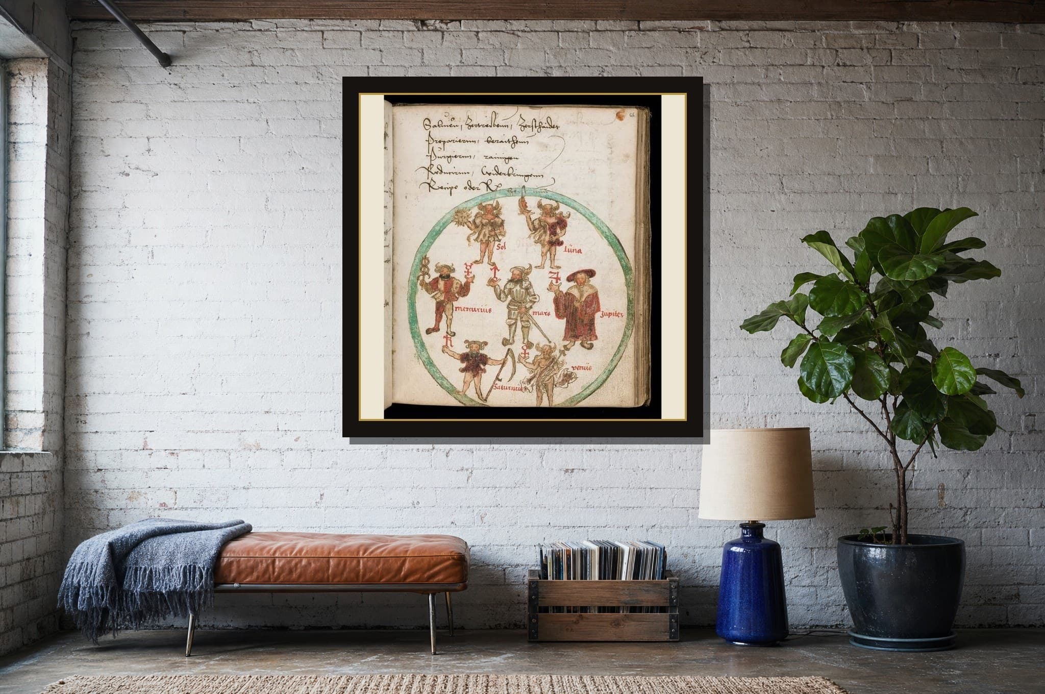 The Seven Planets shown as a framed fine-art print in a styled room