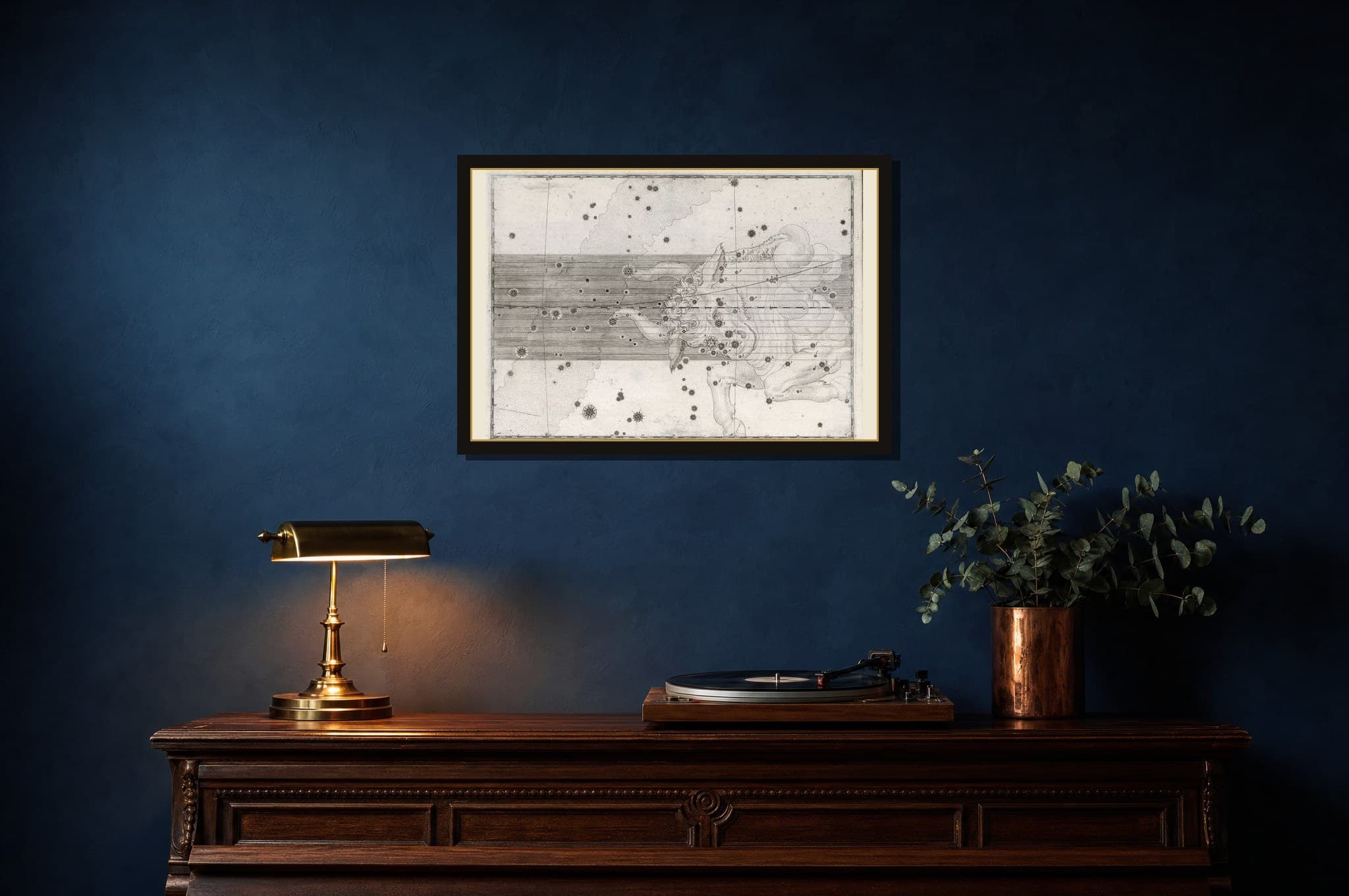 Taurus, the Bull shown as a framed fine-art print in a styled room