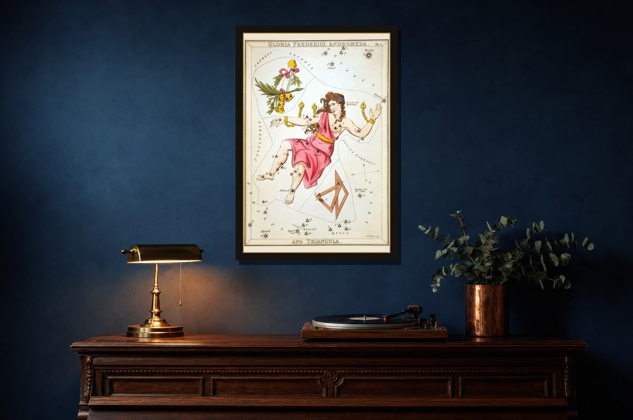 Andromeda shown as a framed fine-art print in a styled room