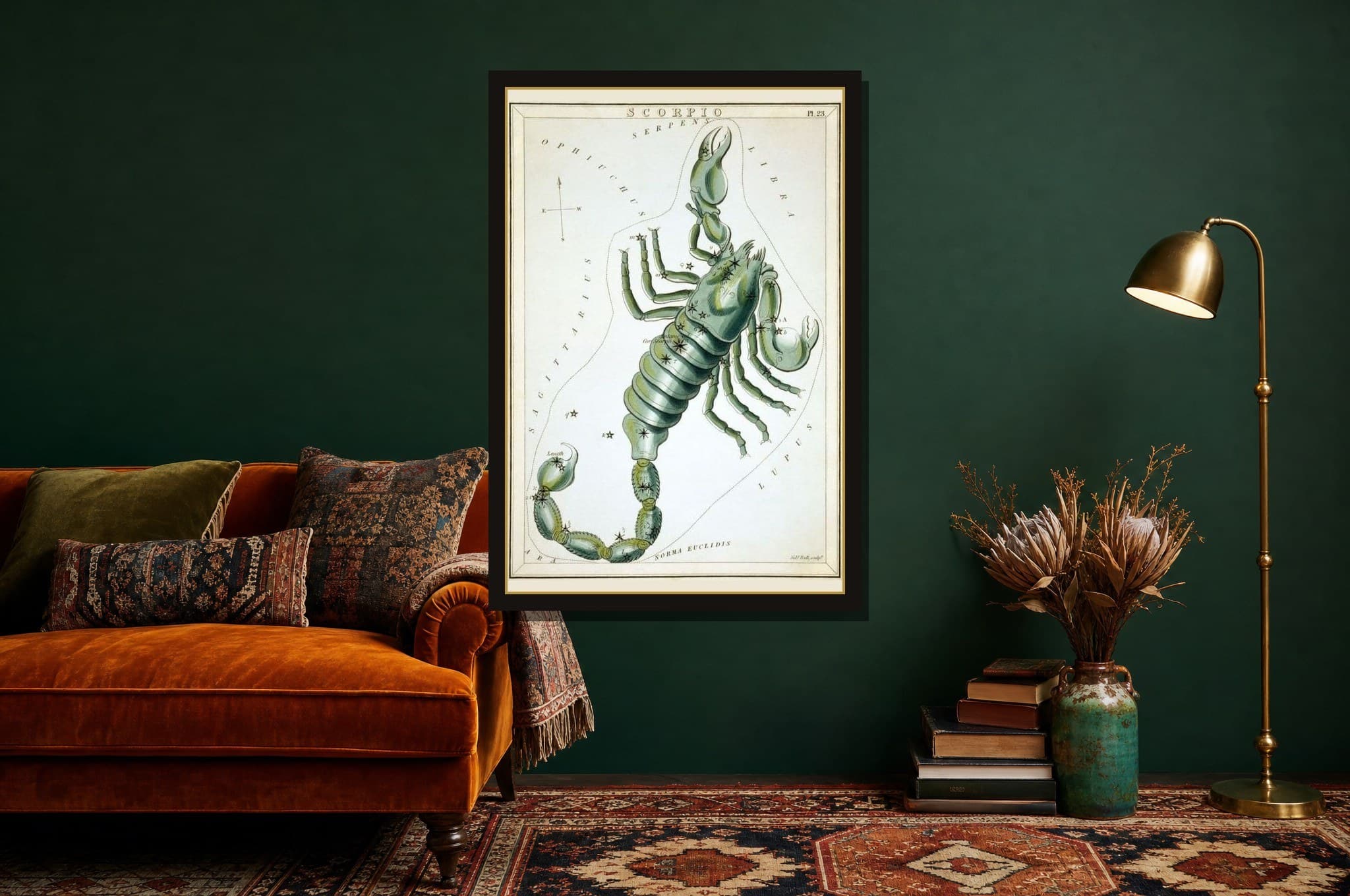 Scorpio shown as a framed fine-art print in a styled room