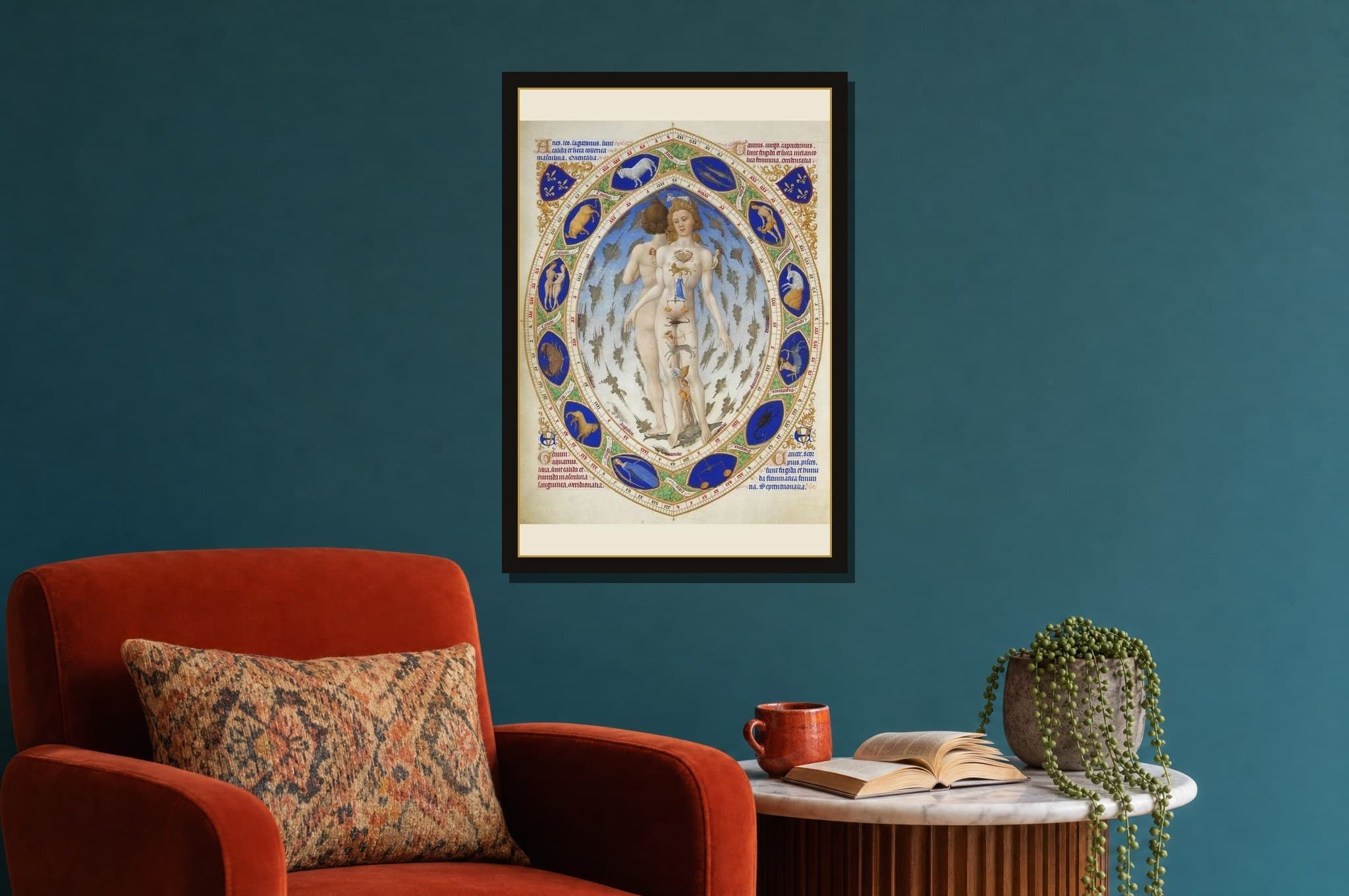 The Zodiac Man shown as a framed fine-art print in a styled room