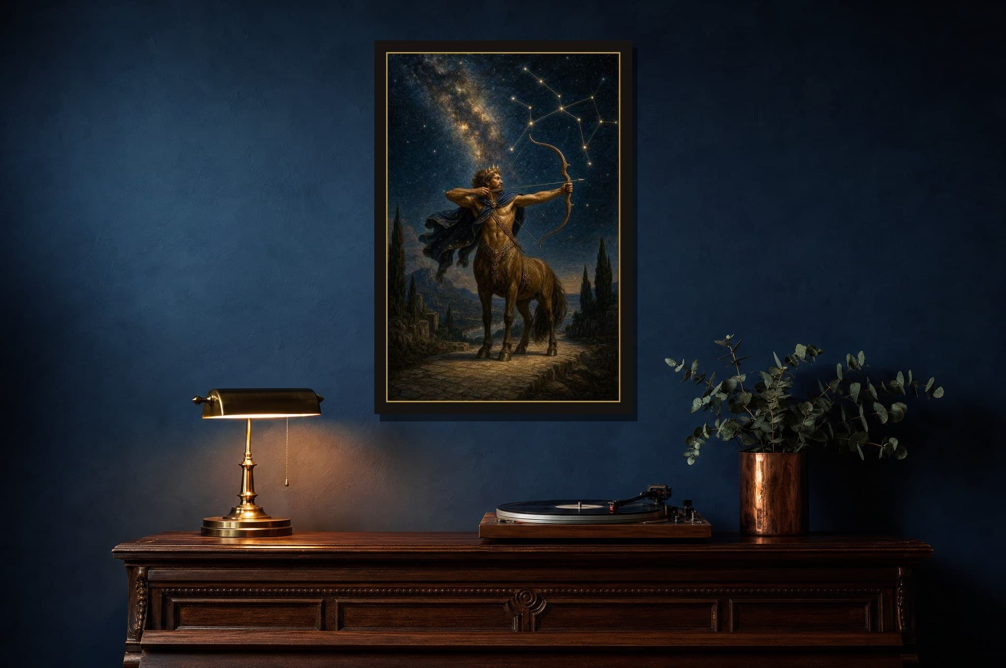 Sagittarius shown as a framed fine-art print in a styled room