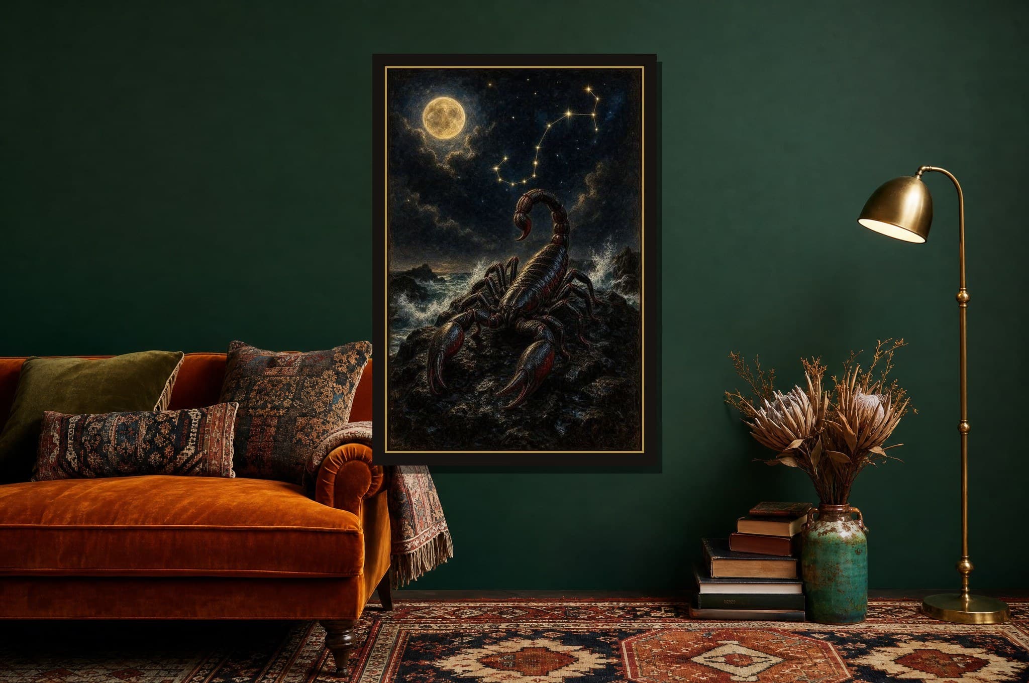 Scorpio shown as a framed fine-art print in a styled room
