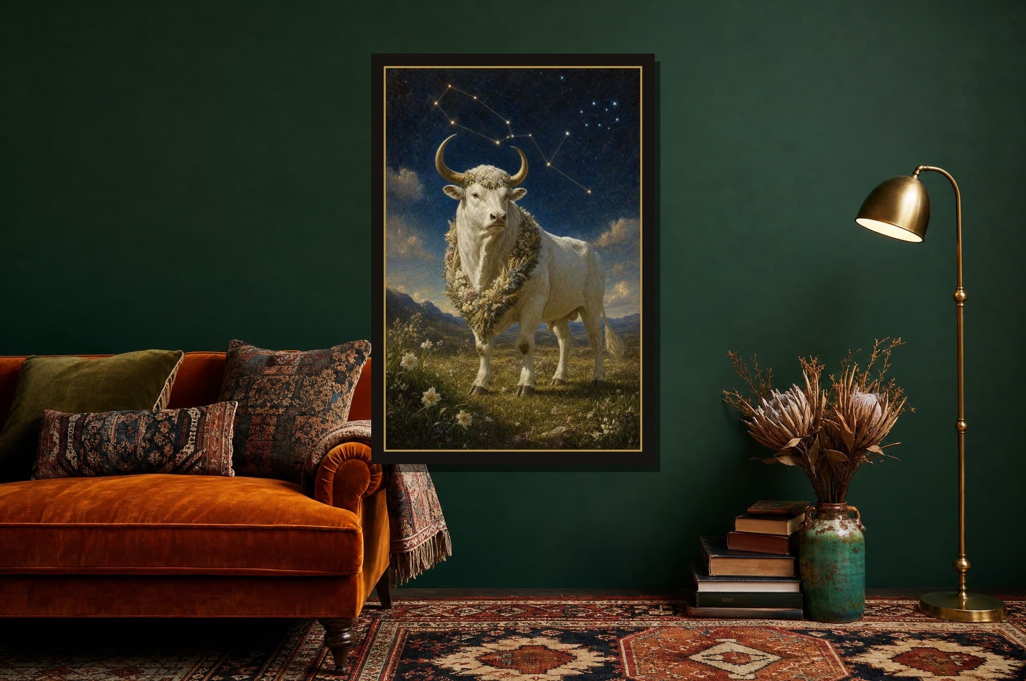 Taurus shown as a framed fine-art print in a styled room