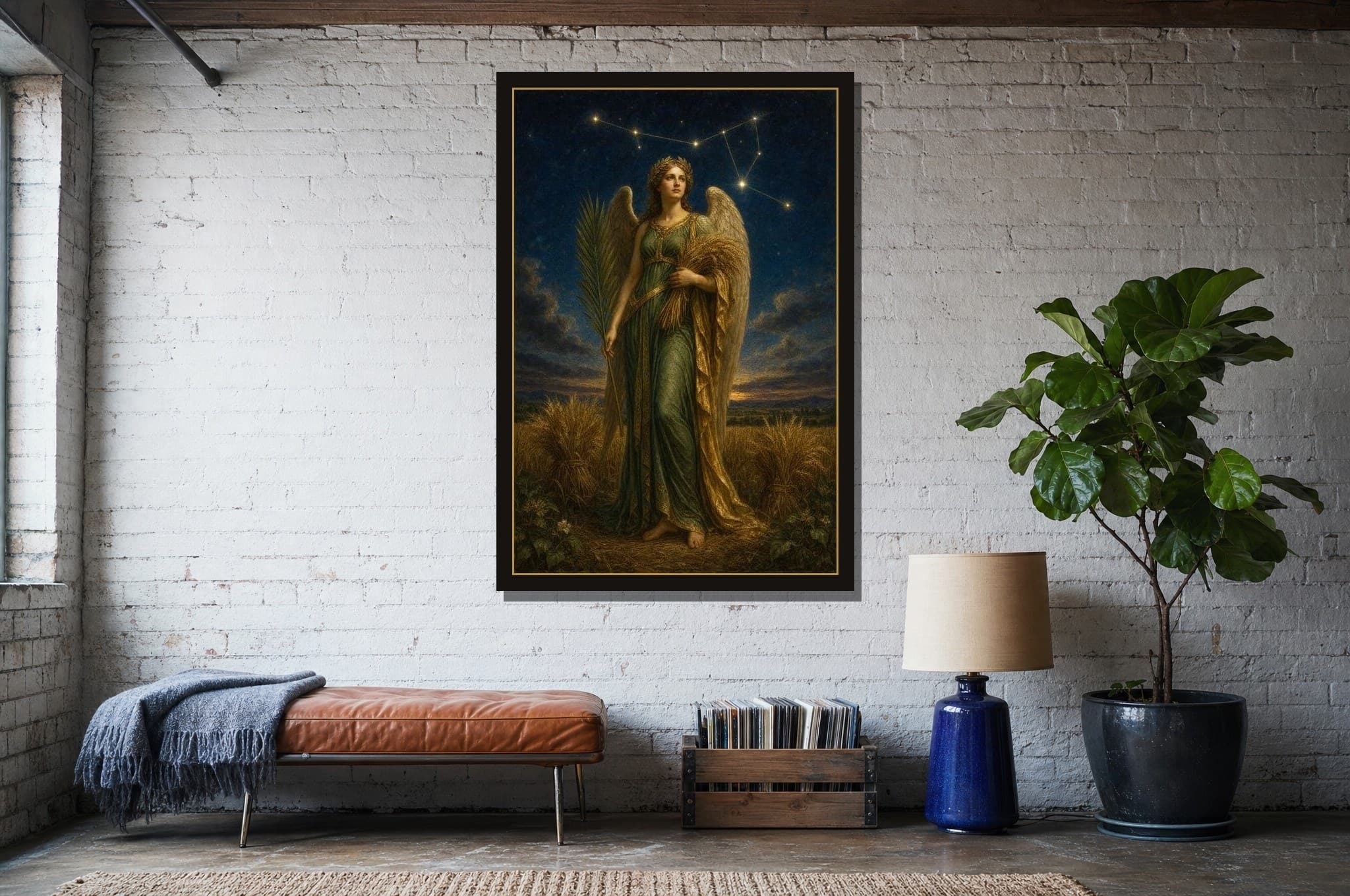 Virgo shown as a framed fine-art print in a styled room
